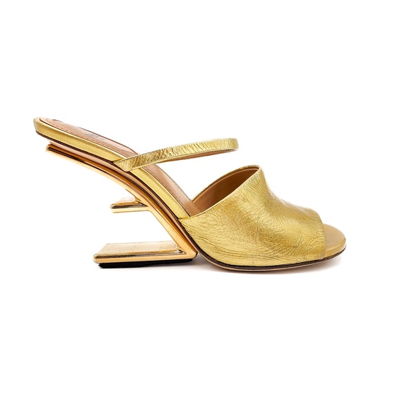 Fendi Gold Leather F Logo Slip-On Metal Heels Mules EU 37 - Picture 2 of 11